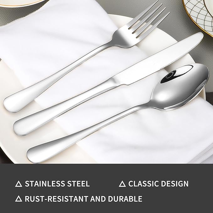 48-Piece Silverware Set with Steak Knives, Stainless Steel Flatware Set for 8, Food Grade Tableware Cutlery Set Rust-proof, Mirror Polished, Dishwasher Safe