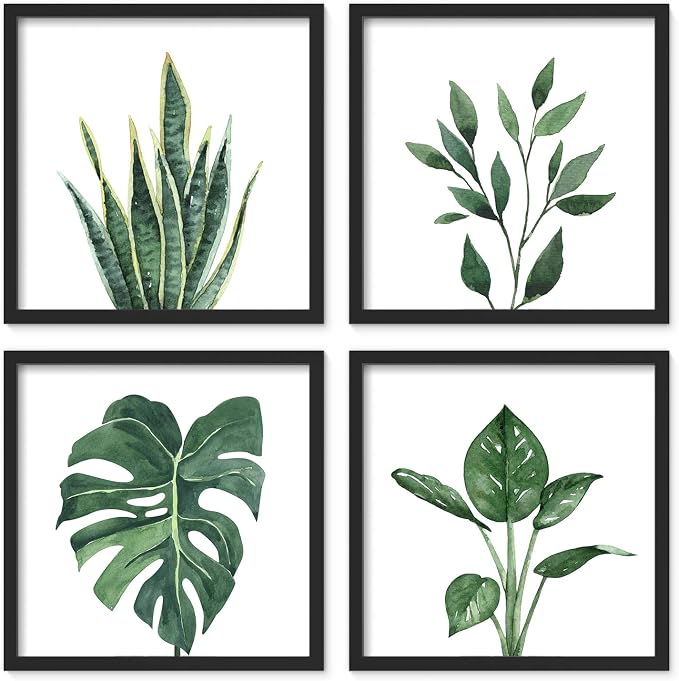 ArtbyHannah Framed Bathroom Wall Art Decor, 10x10 Inch 4 Pack Botanical Gallery Wall Frame Set Modern Farmhouse Sage Green Prints Artwork for Spa, Restroom, Bedroom, Office Decoration (Black)