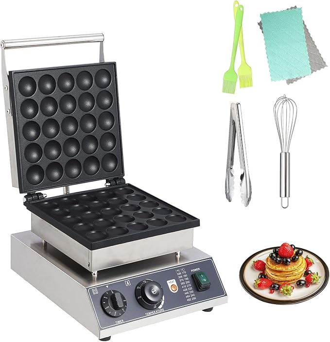 Commercial Round Muffin Maker 25 Hole Flip Top Non-Stick Waffle Maker Stainless Steel 110V Temperature and Time Control Heart Belgian Waffle Maker Ideal for Restaurant, Snack Bar and Home Use