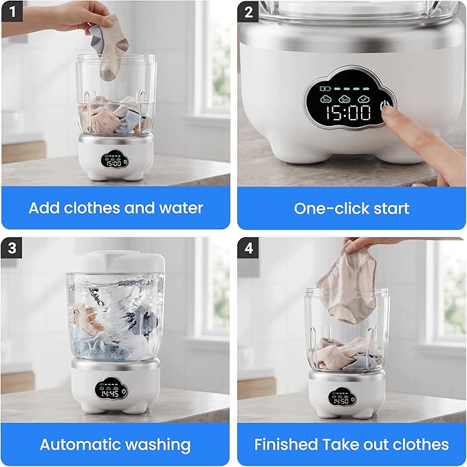 Underwear Washing Machine, Portable Washing Machine, 1.6L Foldable Mini Washer with 3 Modes, Rechargeable Laundry Machine for Socks, Baby Clothes, Travel, RV, Apartment