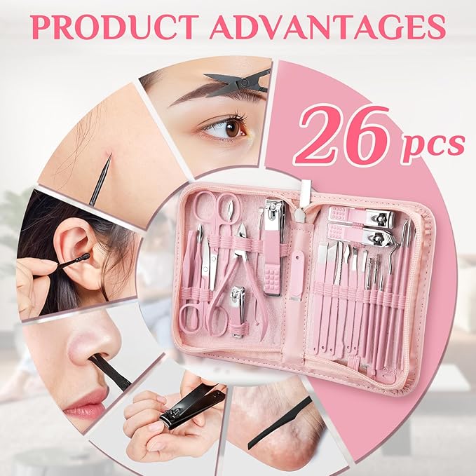 MINKINH 26-Piece Professional Manicure Set，Features Stainless Steel Tools, Carbon Steel Clippers & Travel Case for Women's Home and Travel Grooming，Mother's Day Gifts(Pink)