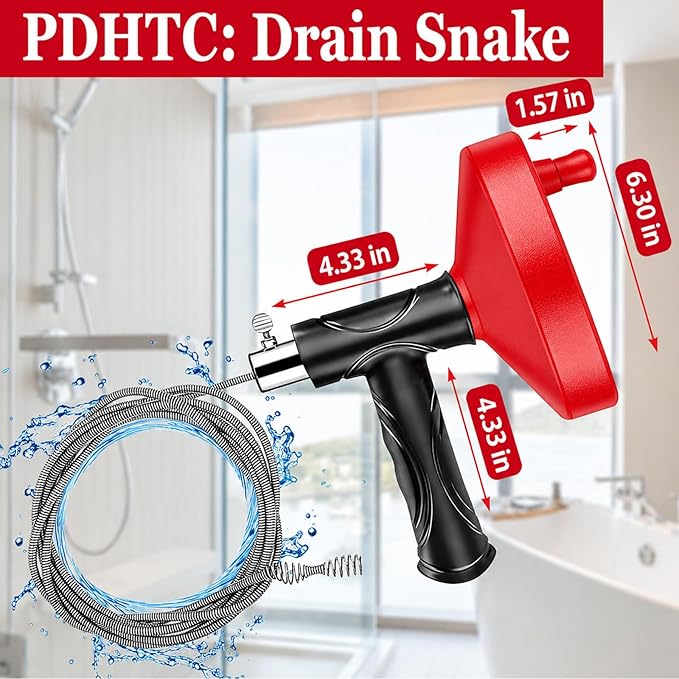 Drain Snake Auger 33 Ft, Plumbing Snake Drain Hair Clog Removal Tool, Heavy Duty Snake Auger, Sink Unclogger Drain Cleaner Tool for Bathroom Kitchen Tub Shower Drain Clog Remover with Gloves, Red