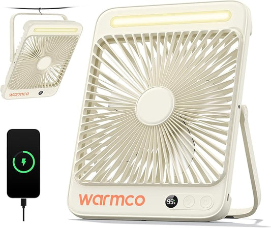 Warmco 20000mAh Battery Powered Fan, 8-Inch Ultra-Slim Portable Camping Fan with LED Lantern, Up to 48H Runtime Rechargeable Desk Fan for Bedroom, Outdoor, Tent, Travel, Cruise Ship Essentials