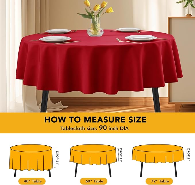 10-Pack Red Round Tablecloths, 90 Inches, Stain-Resistant Polyester for 4-5 Ft Round Tables - Washable Table Covers for Weddings, Banquets, Birthday Parties, Events