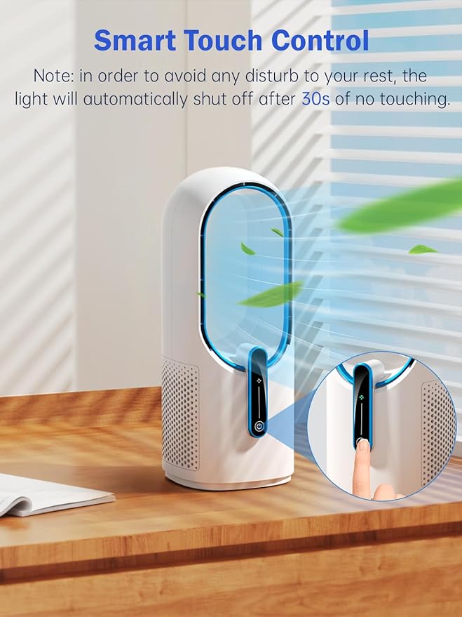Misby Desk Fan, 11.8 Inch Portable Bladeless Fan, Small Rechargeable Table Fan with Battery, 3 Adjustable Speeds, Touch Control, Easy to Clean, Quiet Desktop Fan for Bedroom, Home, Office (White)