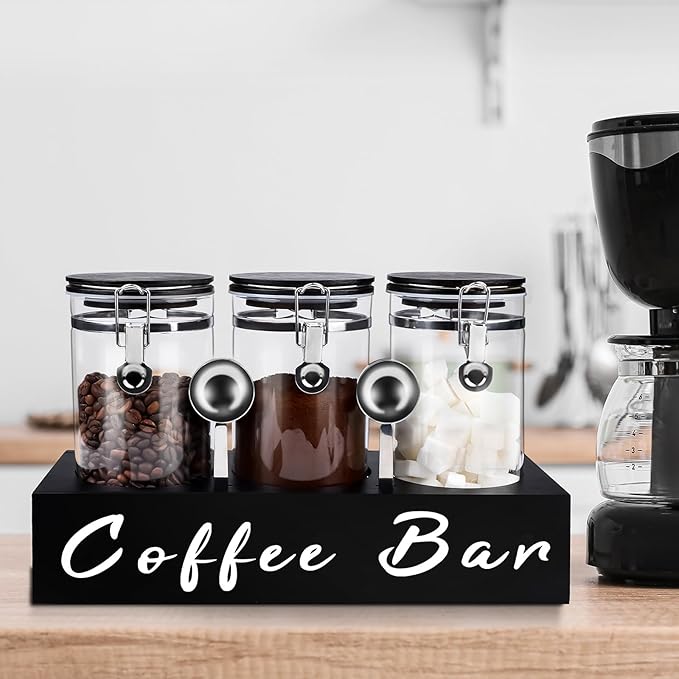3 x 54 oz Glass Coffee Bean Storage Container with Shelf 3PCS Glass Containers with Airtight Locking Clamp Lid Spoons Coffee Canister Set Jars for Kitchen Food Storage Tea Sugar Black