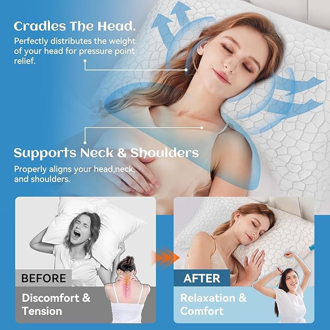 Side Sleeper Pillow for Neck and Shoulder Pain Relief, Cervical Neck Support Pillow for Side Sleepers, Cooling Shredded Memory Foam Pillows for Hot Back Sleepers, Adjustable Curved Queen Bed Pillows