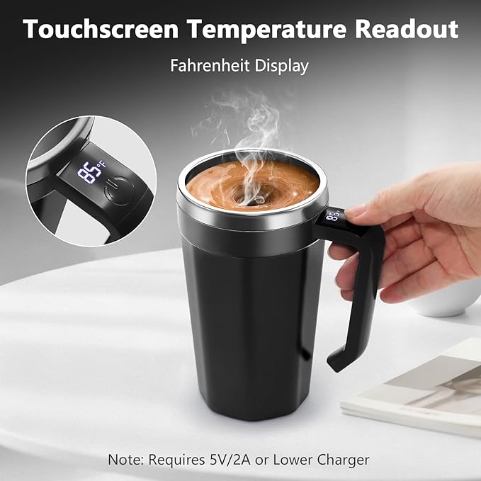 Self Stirring Coffee Mug with Temperature Display, 18 oz Rechargeable Self Stirring Mug with Lid, Automatic Self Stirring Cup, Coffee Mug with Stainless Steel for Coffee, Milk, Beverages, Black