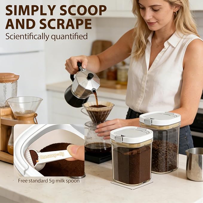 Coffee Storage Canister 27oz Airtight Sugar Storage Organization BPA Free with Spoon and Layered Storage for Grounds Coffee, Beans, Tea, Sugar, Flour, Cereal,Formula (clear)