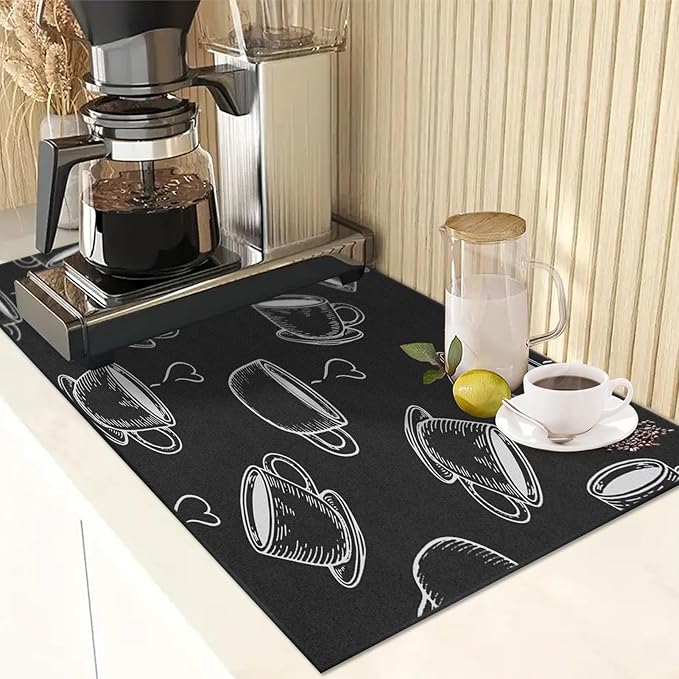 Arttown Coffee Mat for Countertops, Coffee or Tea Cups Black Dish Drying Mat 2 Pcs for Kitchen Bar Accessories, Cafe Maker Espresso Machine Dish Rack Hide Stain Rubber Backed 12x19In