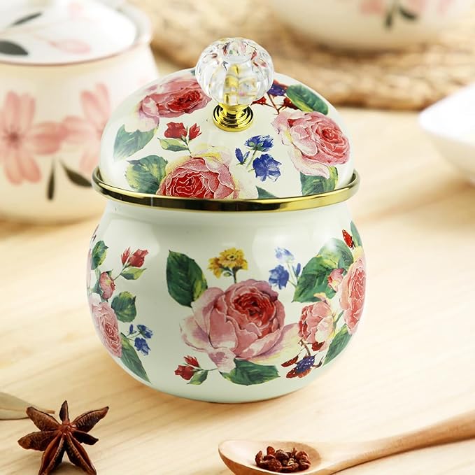 Floral Enamel Sugar Bowl Gold Ethnic Seasoning Jar Vintage Tea Canister Spice Box Retro Coffee Candy Storage Pot Bohemian Pink Flower Beige Salt Container Jar for Home Kitchen Decor