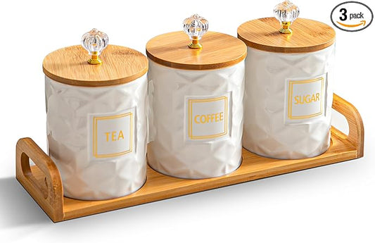 Set of 3 Ceramic Canisters for Sugar Coffee Tea with Tray, White Airtight Food Storage Jars with Wood Lids, Kitchen Counter Storage Containers - 23oz