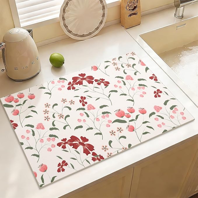 Flower Design Drying Mat Non-slip Bar Mats for Kitchen Bathroom Counter & Sink Side 16"X 24",Perfect as Housewarming Gift (Floral Whispers,White)