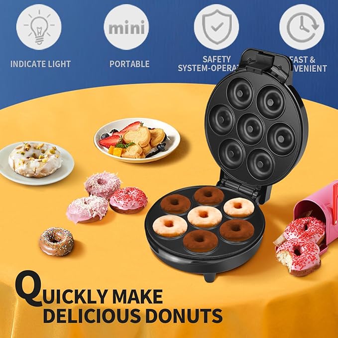 DSP Mini Donut Maker - Non-Stick, Cool Touch Electric Doughnut Machine for Mini Donuts - Perfect for Breakfast, Snacks & Desserts (Black, 7 Donuts)