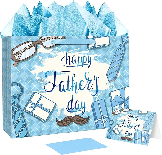 Jaywayang 15.7" Extra Large Happy Father's Day Gift Bag with Card and Tissue Paper (Blue Diamond Grid)