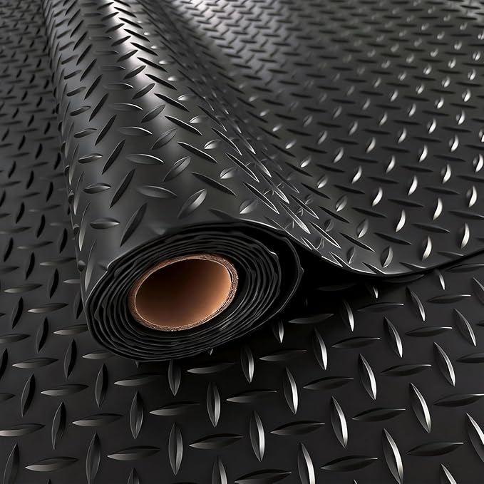 StellarStar 4x25 FT Garage Floor Mat, 2.8mm Thickened PVC Diamond Plate Garage Mat with 20PCS Tapes, Rubber Flooring Rolls for Under Car, Non-Slip Rubber Motorcycle Mat for Golf Cart, Trailer, Black