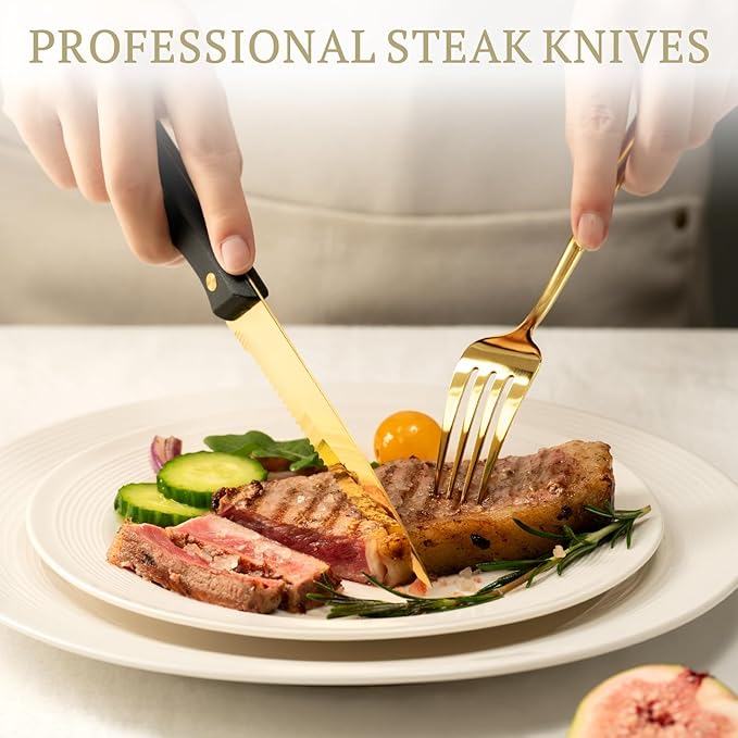 Astercook 24-Piece Silverware Set with Steak Knives Gold Flatware Set for 4 Food-Grade Stainless Steel Cutlery Set Mirror Polished Utensils Set Include Spoons and Forks for Home Gifts for Women