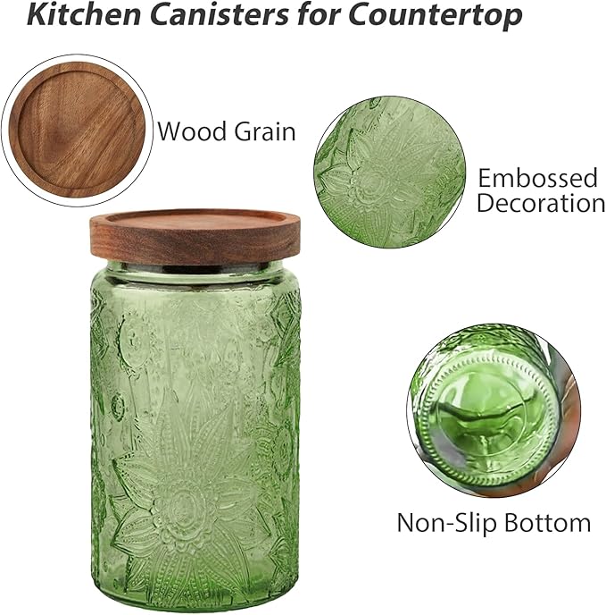 Glass Jar with Lid, Vintage Glass Storage Jars with Airtight Lid Coffee Canister Sugar Container for Kitchen Counter Pantry, Spice, Candy, Coffee Beans, Tea, Oats (34FL OZ Sunflower Green)