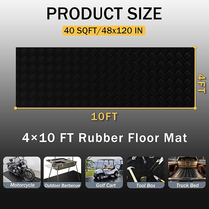 StellarStar 4x10 FT Garage Floor Mat, 2mm Thickened Ribbed PVC Diamond Plate Garage Mat with 20PCS Tapes, Rubber Flooring Rolls for Under Car, Rubber Motorcycle Mat for Golf Cart, Trailer, Black