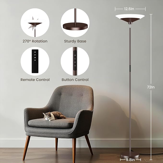 SIBRILLE Brown Torchiere Floor Lamp - 30W Dimmable LED Standing Lamp with Remote, 4 Color Temps, Stepless Dimming, 3000-6500K, 1800LM, 72in Tall Floor Light for Office Bedroom Living Room Corner