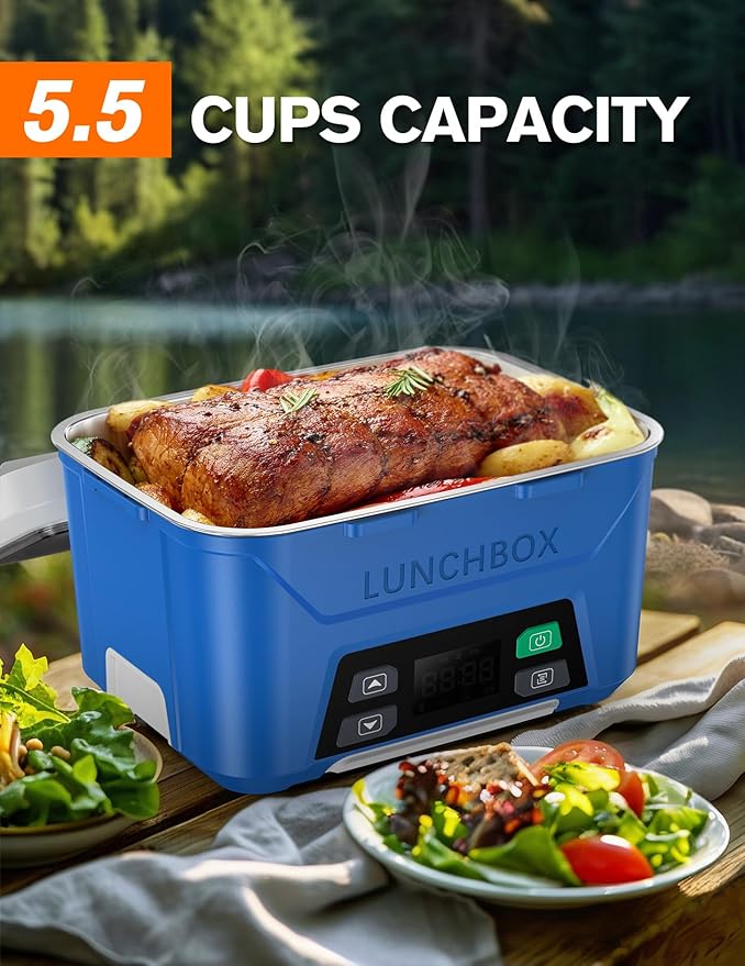 EAST OAK Cordless Electric Lunch Box for Adults, Heated Lunch Box Battery Powered with Automatic Heating, 5.5 Cups Self Heating Lunch Box Cordless with Removable Tray Divider