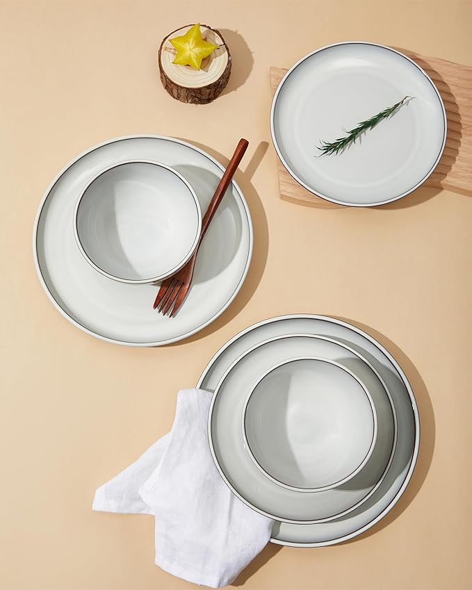 Pokini 18 Piece White Stoneware Dinnerware Set for 6, Santorini Mist Terracotta Plates and Bowls with Reactive Glaze, Microwave & Dishwasher Safe, Aesthetic Ceramic Dishes for Family Meals & Hosting