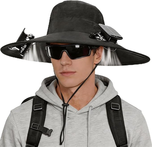 Hat with Fans Solar Power Wide Brim Solar Fan Hat, Sun Hat with 2 Fans Two Power Supply Modes, Outdoor Solar Powered & USB Charging Fishing Hat for Men Women Solar Fan Hats for Men