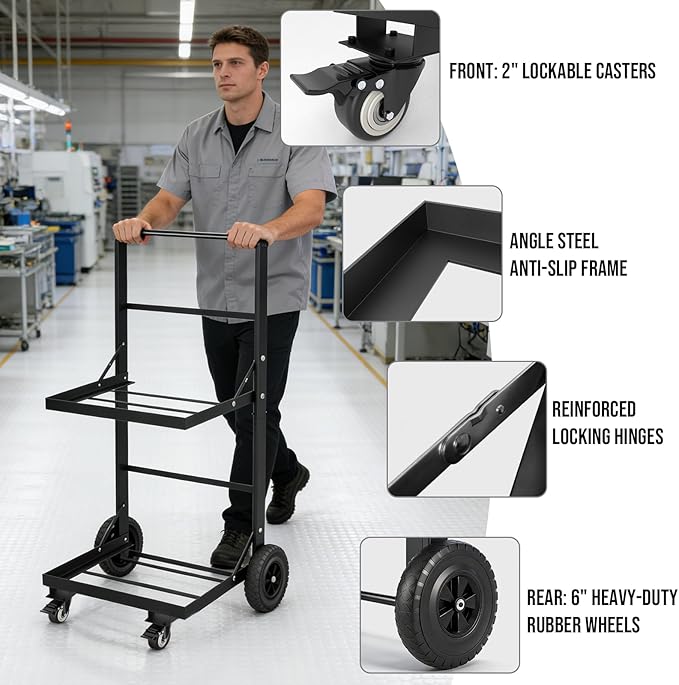 2-Tier Foldable Recycle Bin Cart, Heavy Duty Trash Can Dolly with All-Terrain Wheels & Lockable Casters, 140LBS Capacity Garbage Bin Trolley for Kitchen, Garage, Office, Courtyard