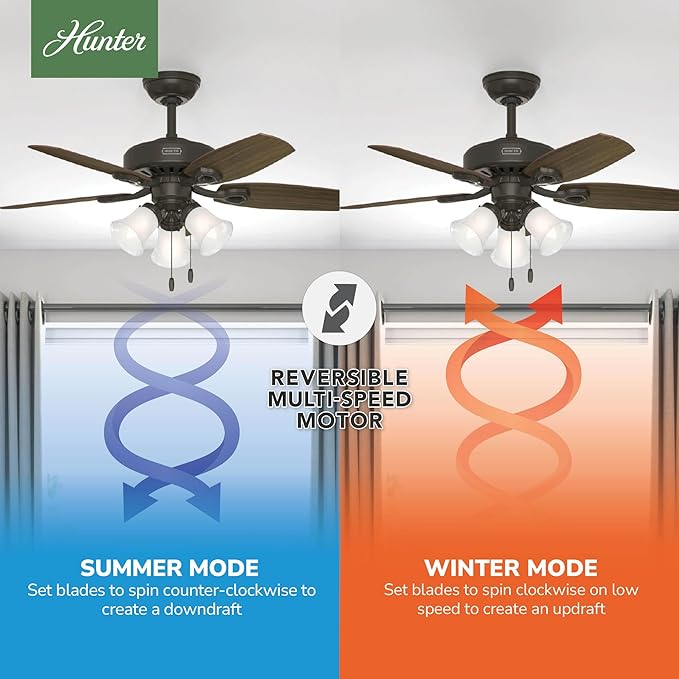 Hunter 42 inch Indoor Ceiling Fan with LED Lights - Bronze Ceiling Fan with Pull Chain, For Bedroom or Living Room, Standard Mount, No Remote, 5 Blades, Includes Bulbs - Builder 52107, New Bronze
