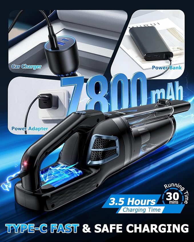 BQYPOWER Handheld Vacuum Cordless Rechargeable, Portable Car Vacuum Cleaner | 16000PA Strong Suction Hand Held Vacuum Cordless with Multiple Accessories, Portable Mini Car Vacuum Cleaner for Car Home