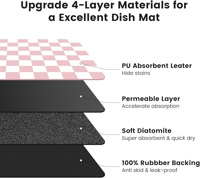 16" x 24" Checkered Dish Drying Mat for Kitchen Counter, Absorbent Coffee Bar Mat for Espresso Machine Coffee Countertops Accessories, Pink
