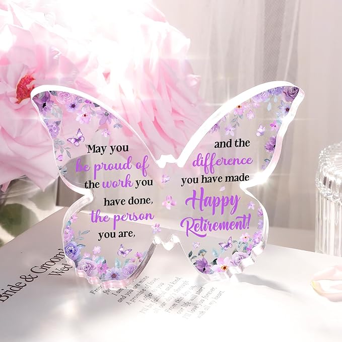 Unique Retirement Gift for Woman Men 2026, 5x3.8x0.5 Inch Purple Butterfly Acrylic Plaque Decor with Warm Words, Best Retirement Gifts for Coworker Teacher Friend Nurse Boss