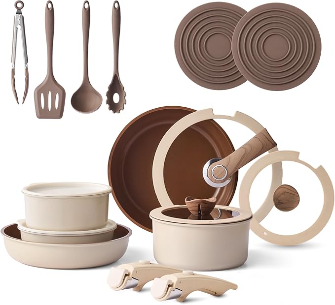 17-Piece Pots and Pans Set with Detachable Handle, Ceramic Nonstick Cookware Set, Thickened Base Brown Cookware Set, Stackable RV Pots and Pans Set for Camper(PFOS, PFOA Free)