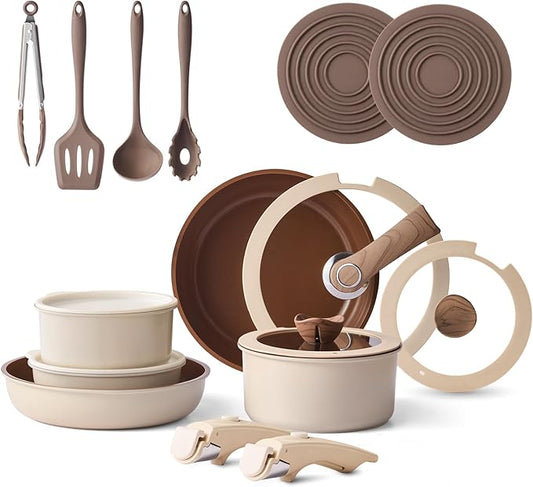 17-Piece Pots and Pans Set with Detachable Handle, Ceramic Nonstick Cookware Set, Thickened Base Brown Cookware Set, Stackable RV Pots and Pans Set for Camper(PFOS, PFOA Free)