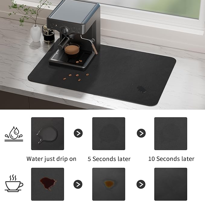 Ecotrim Absorbent Coffee Mat , Stain Hiding PU Leather Surface, Non-Slip Natural Rubber Backing, Quick Dry Mat for Espresso Machine, Kitchen Counter ,Black | 12" x 19"