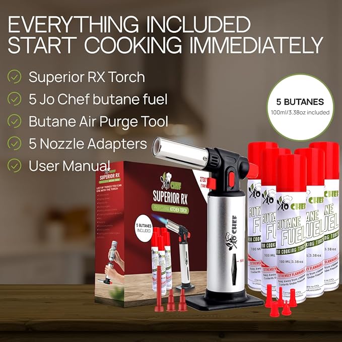 Jo Chef Kitchen Torch with Butane Included – Refillable Lighter with Safety Lock & Adjustable Flame, Blow Culinary Torch for Cooking, BBQ, Creme Brulee, DIY and Soldering - 5 Cans (3.38oz) Included
