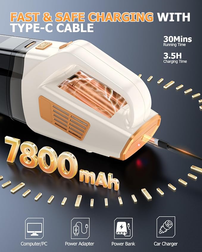 BQYPOWER 16000PA Handheld Vacuum Cleaner Cordless Rechargeable for Car Home | Powerful Strong Suction with Multiple Accessories, Portable Hand Held Car Vacuum Cleaner High Power for Detailing Cleaning