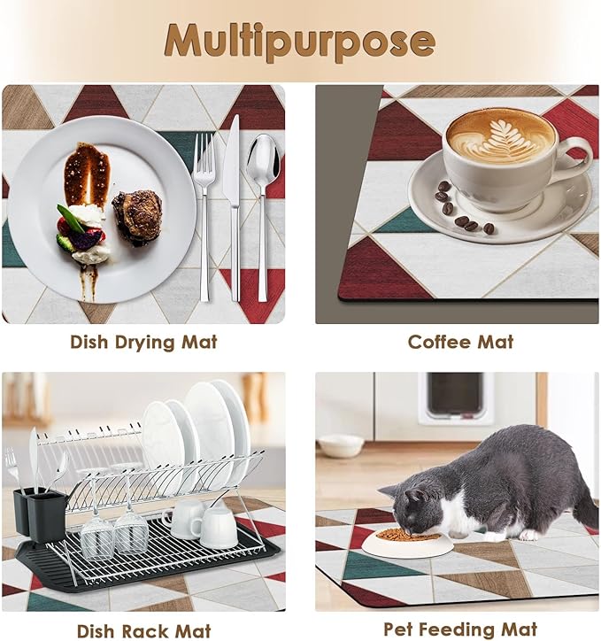 Arttown Coffee Mat for Countertops, Minimalist Modern Geometric Patchwork Red Dish Drying Mat 2 Pcs for Kitchen Bar Accessories, Coffee Maker Espresso Machine Dish Rack Hide Stain Rubber 12x19in