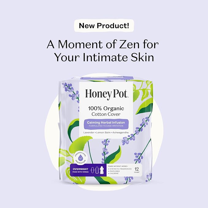 The Honey Pot Company - Calming - Overnight - Pads for Women | 100% Organic Cotton Cover - Calming Herbs of Lavender, Ashwagandha, & Lemon Balm - Pads w/Wings - Feminine Care - 48ct