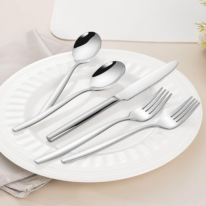 60-Piece Silverware Set for 12, 18/10 Stainless Steel Flatware Set, Silverware Korean Round Spoons Forks and Knives Set, Dishwasher Safe, Modern & Minimalist
