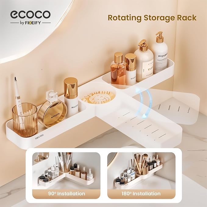 Self-Adhesive Bathroom Shelf Rack, No Drill Waterproof Wall Mount Organizer with 90° & 180° Rotation for Bathroom, Kitchen, and Corner Storage, White (Pack of 1)