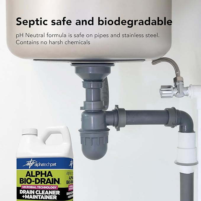 ALPHA BIO-DRAIN - Enzyme-Based Maintenance to Help Prevent Clogs and Reduce Odors from Pet Waste, Grease, Hair in Drains and Septic Systems - ½ Gallon by Alpha Tech Pet