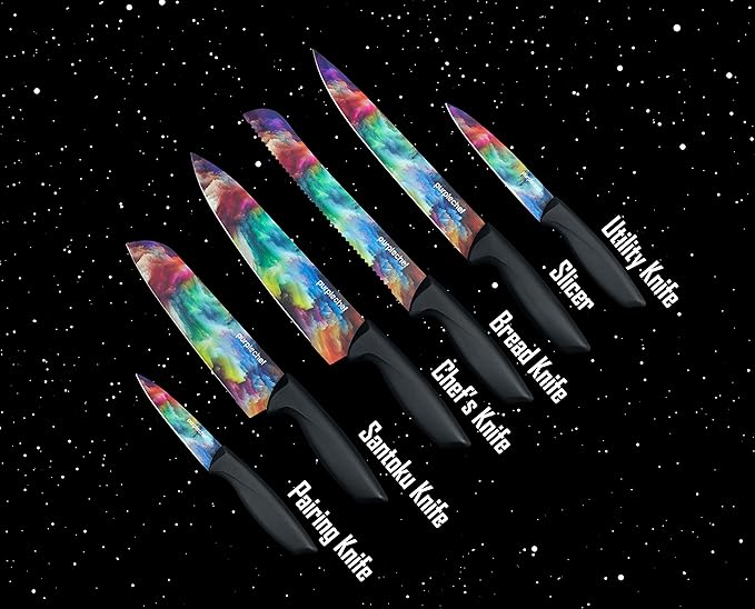 10 Pieces Kitchen Knives Set. Includes 6 Stainless Steel Knives, Scissors, Knife Sharpener, Peeler, and Clear Acrylic Stand (Cosmos)