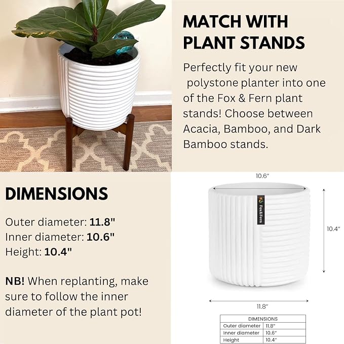 Fox & Fern Large Indoor Planter, Modern Large Plant Pot for Indoor or Outdoor, UV and Frost Resistant - 12 inch, Matte White Flower Pot with Drainage Plug, 3D Printed Design