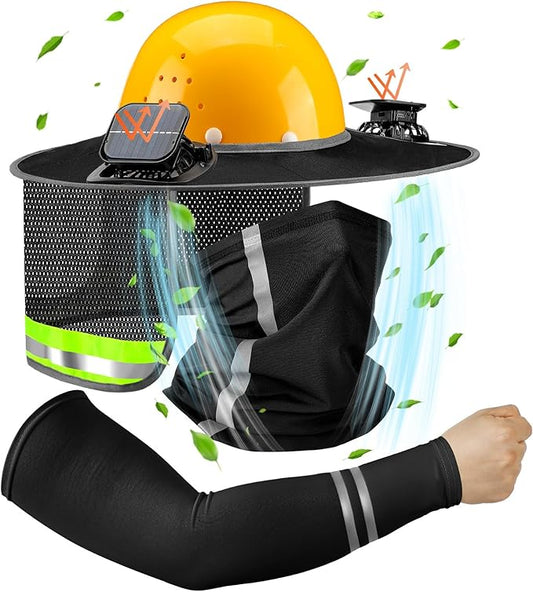 1 Set Sun Hard Hat Shade Full Brim Hard Hat Sun Visor with 2 Solar Fans and Neck Sunshade Cover UV Reflective Strap Arm Sleeves for Construction Workers Outdoor Protection(Black)
