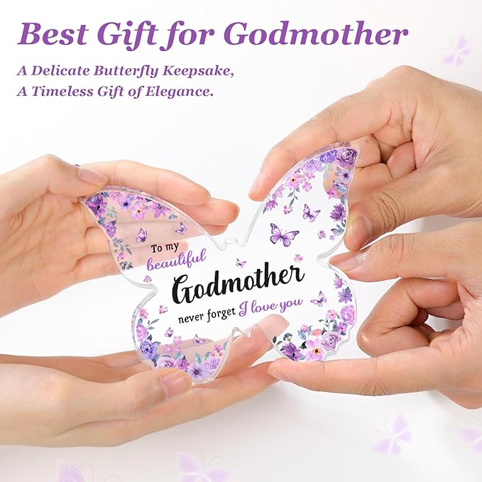 Godmother Gifts, Unique Purple Butterfly Acrylic Plaque Desk Decor, Mothers Day Christmas Birthday Gift for God Mother God Mom, Godmother Proposal Gifts - 5 x 3.8 x 0.5 inches