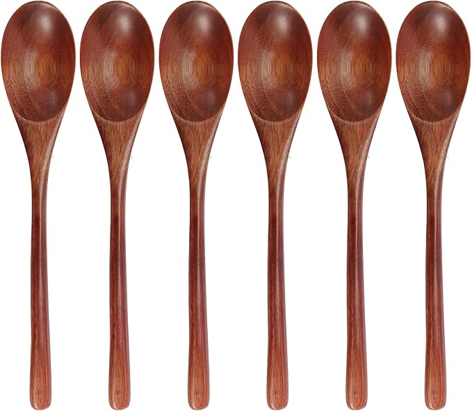 Wooden Spoons, 6 Pieces 9 Inch Wood Soup Spoons for Eating Mixing Stirring, Long Handle Spoon with Japanese Style Kitchen Utensil, ADLORYEA Eco Friendly Table Spoon (Nanmu, 9 Inch)