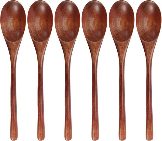 Wooden Spoons, 6 Pieces 9 Inch Wood Soup Spoons for Eating Mixing Stirring, Long Handle Spoon with Japanese Style Kitchen Utensil, ADLORYEA Eco Friendly Table Spoon (Nanmu, 9 Inch)