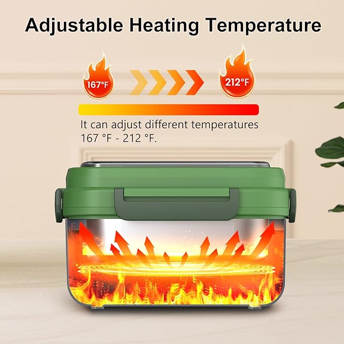 Cordless Electric Heated Lunch Box, XL 6.3Cups Rechargeable Food Warmer Lunch Box with Self Heating, Smart Timer, Adjustable Temperature, Leakproof, BPA Free, Removable Divider Green