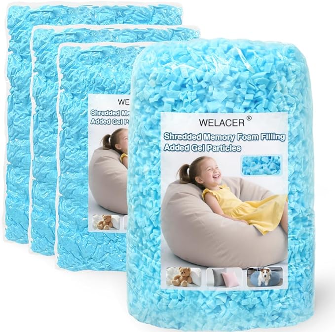 Welacer Bean Bag Filler, 20lbs Blue Shredded Memory Foam Filling for Pillows, Couch Cushion, Stuffed Animals, Dog Bed, Arts Crafts, Pack of 4